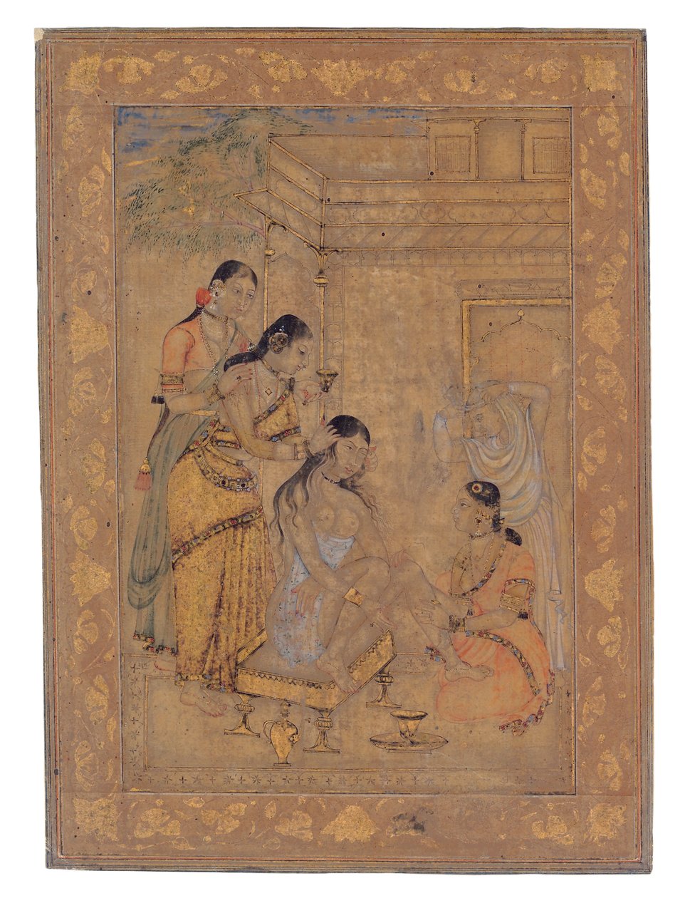 एक युवा महिला शौचालय, 1675-1700 (कागज पर अपारदर्शी wc और सोना) द्वारा इंडियन स्कूल