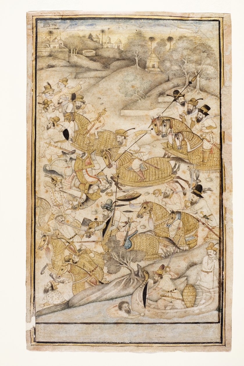 यूरोपियों द्वारा लड़ी गई एक लड़ाई, c.1700 (कागज पर अपारदर्शी wc और सोना) द्वारा इंडियन स्कूल