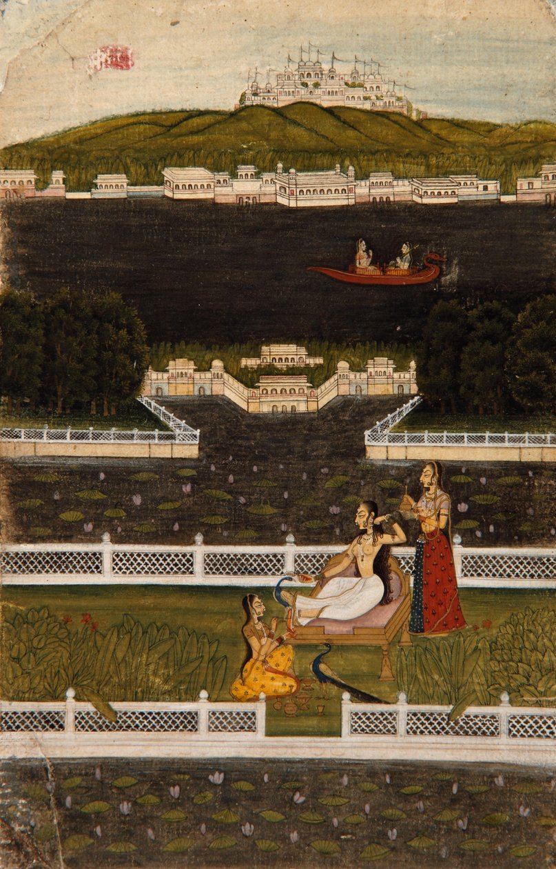 झील की छत पर एक सुंदर महिला, c.1770 (कागज पर अपारदर्शी wc और सोना) द्वारा इंडियन स्कूल