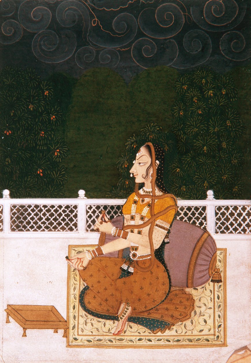 एक सुंदर महिला, एक सिलेंडर के खिलाफ बैठी, c.1775 (कागज पर अपारदर्शी wc और सोना) द्वारा इंडियन स्कूल