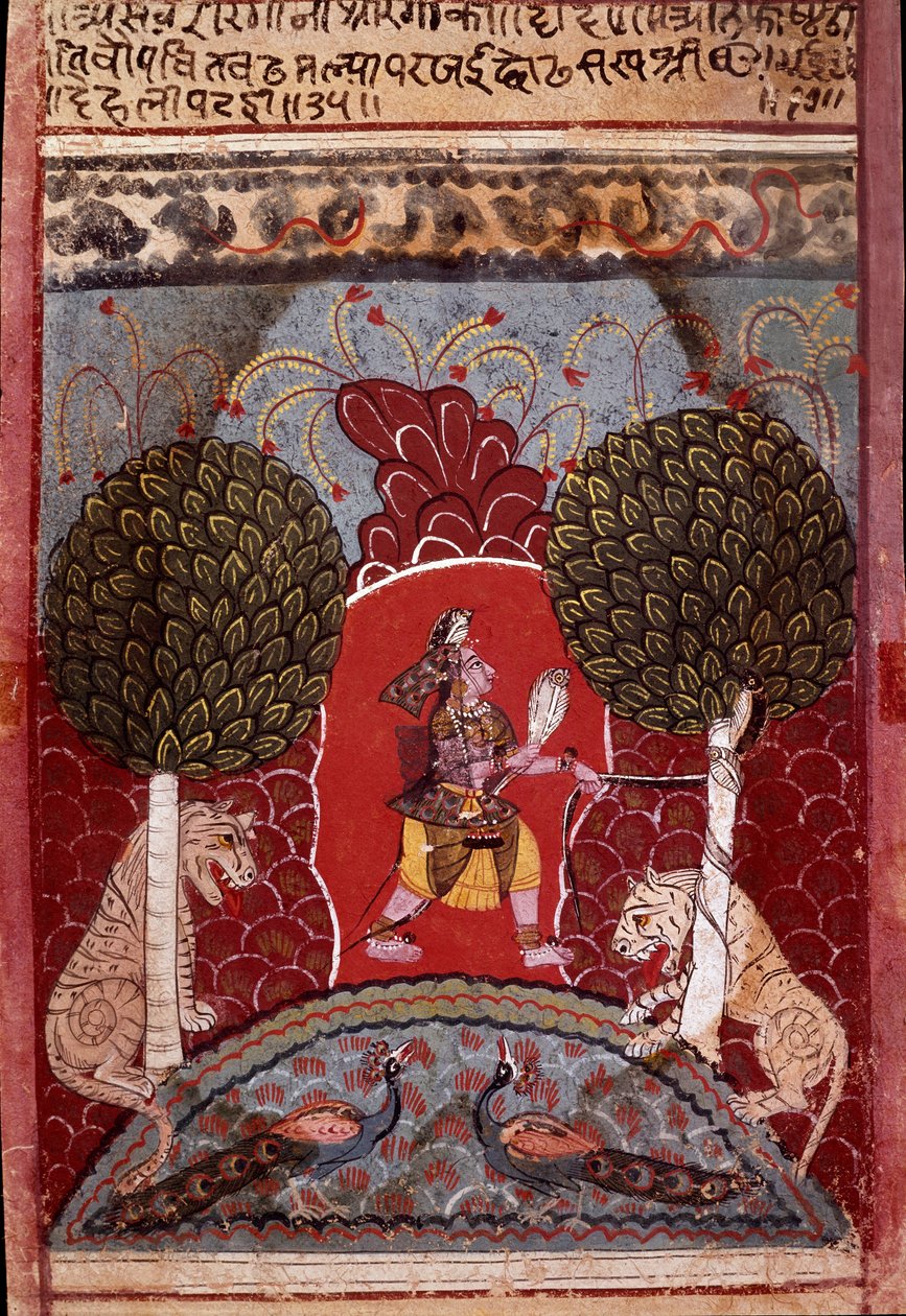जानवरों से भरे जंगल में एक कोबरा सांप पकड़ा गया है, मालवा (भारतीय) के स्कूल का लघुचित्र १६८० के आसपास निजी संग्रह द्वारा इंडियन स्कूल