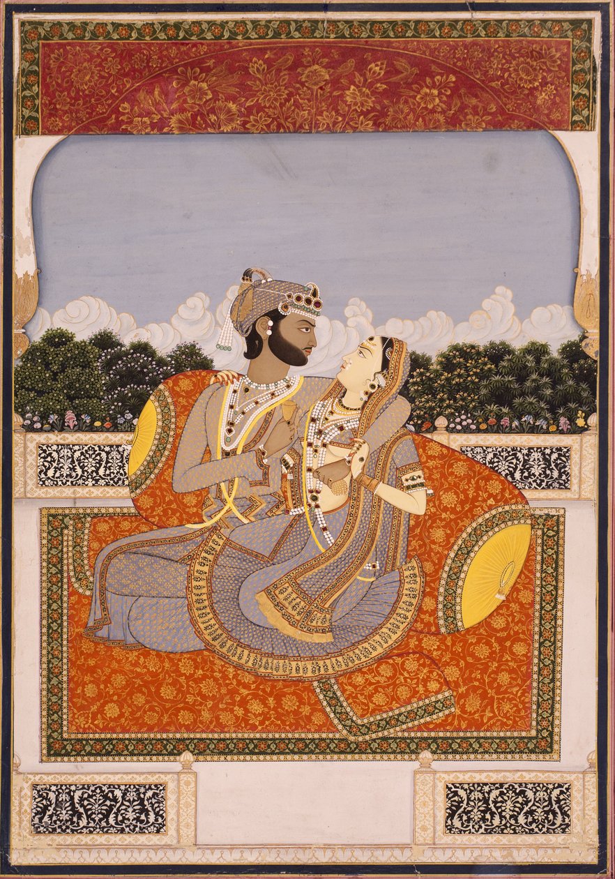 छत पर एक युगल गले लगाता है, c.1835 (अपारदर्शी wc, लाह, सोना और कागज पर कांच) द्वारा इंडियन स्कूल