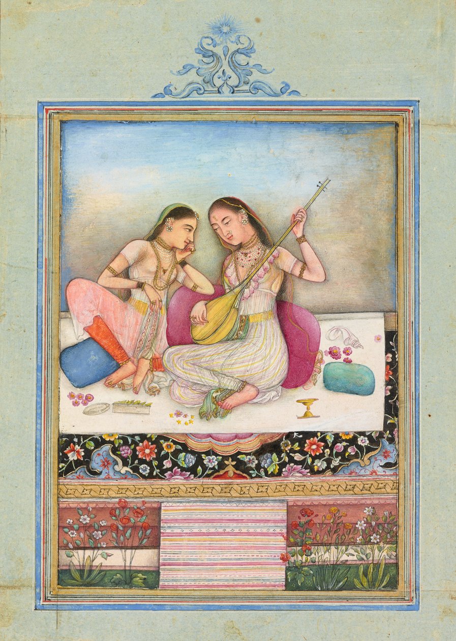 एक लड़की तंबूरा बजाती है जबकि उसका साथी सुनता है, c.1660 द्वारा इंडियन स्कूल