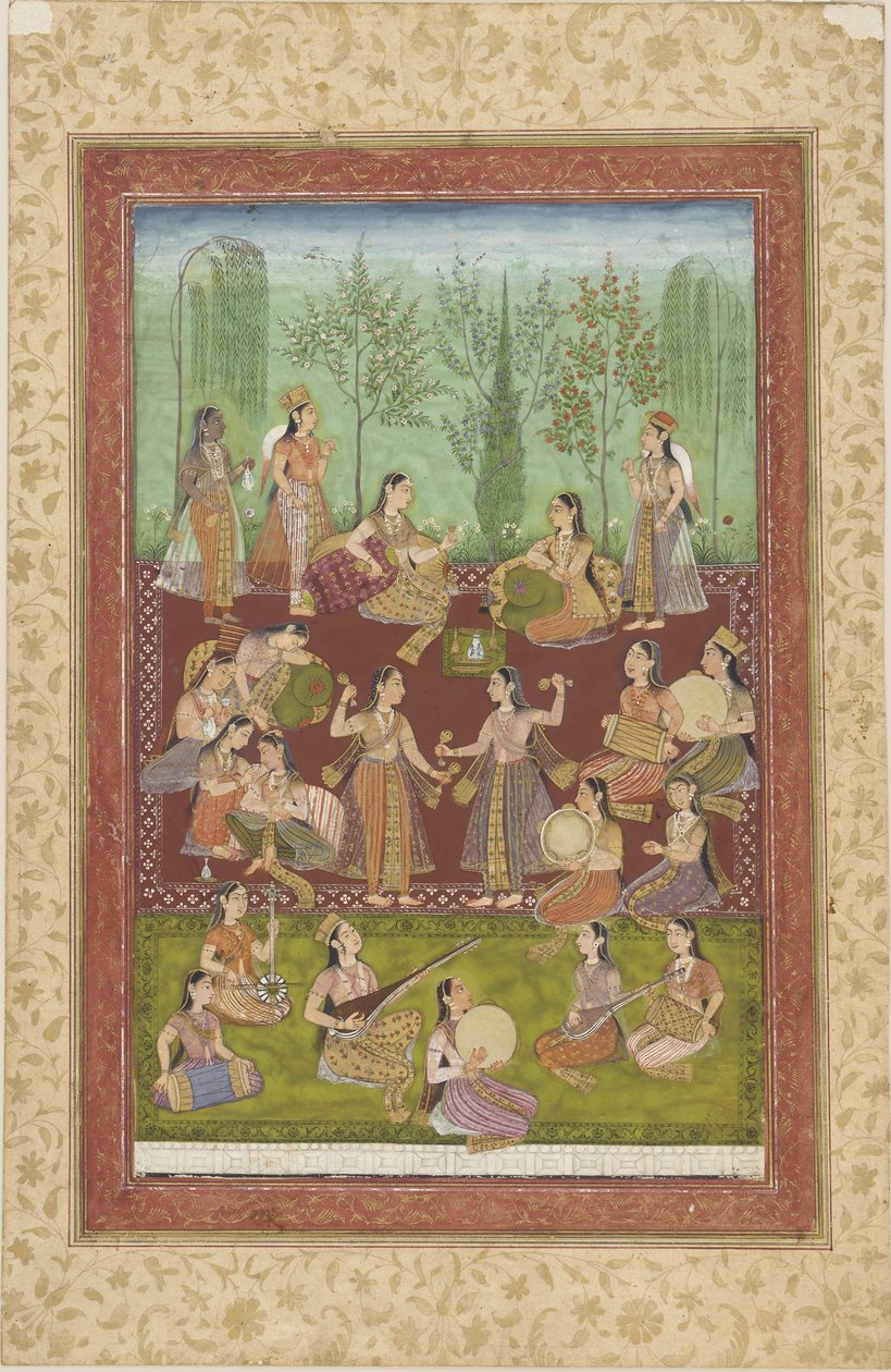 एक बगीचे में महिलाओं का एक समूह, जो खुद को संगीत और नृत्य (कागज पर रंग और सोना) के साथ मनोरंजन करता है द्वारा इंडियन स्कूल
