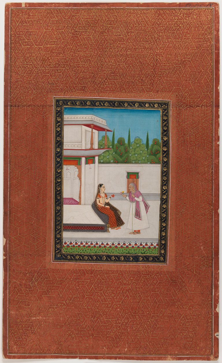 एक महिला और उसका बुजुर्ग नौकर, 1875-1900 (कागज पर अपारदर्शी wc और सोना) द्वारा इंडियन स्कूल