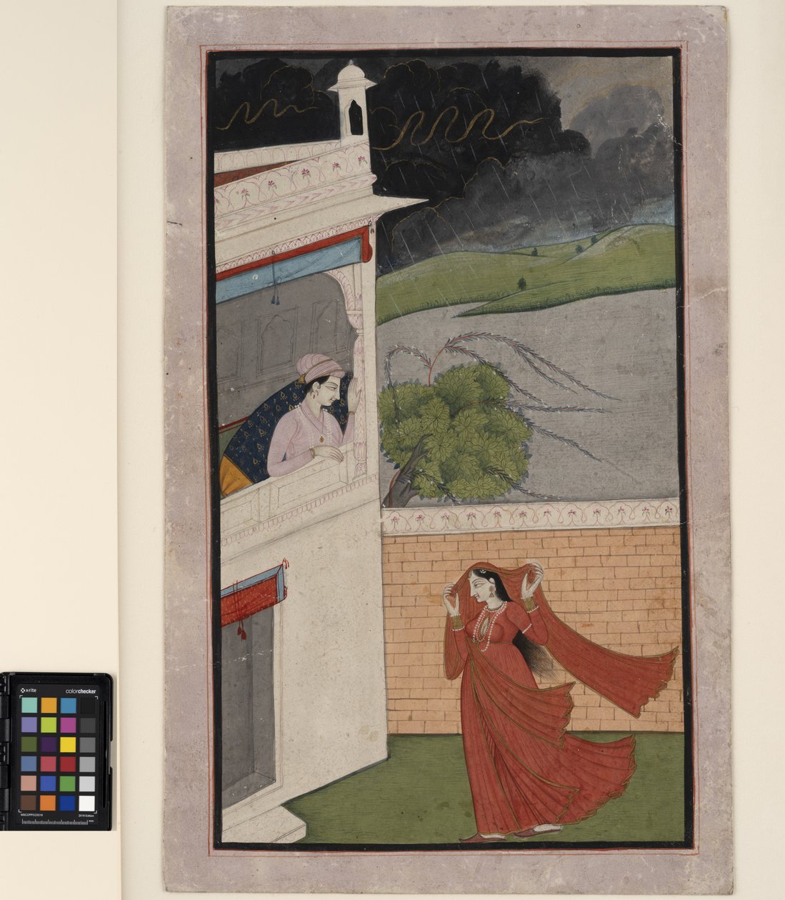 एक महिला बारिश के मौसम में अपने प्रेमी के घर आती है, c.1830 (कागज पर अपारदर्शी w - c और सोना) द्वारा इंडियन स्कूल
