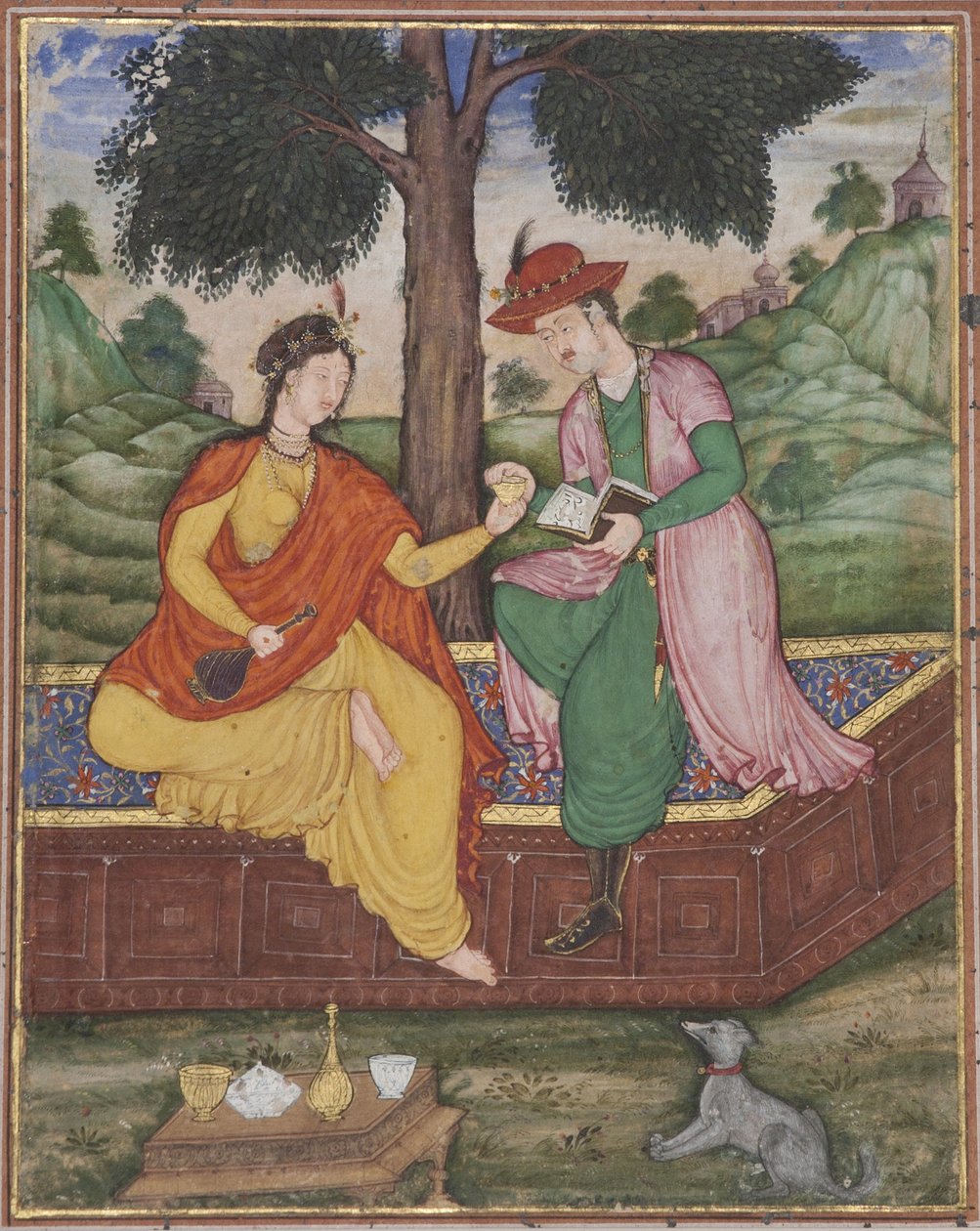 एक आदमी और औरत एक पेड़ के नीचे बैठे, c.1590 (कागज पर अपारदर्शी wc) द्वारा इंडियन स्कूल