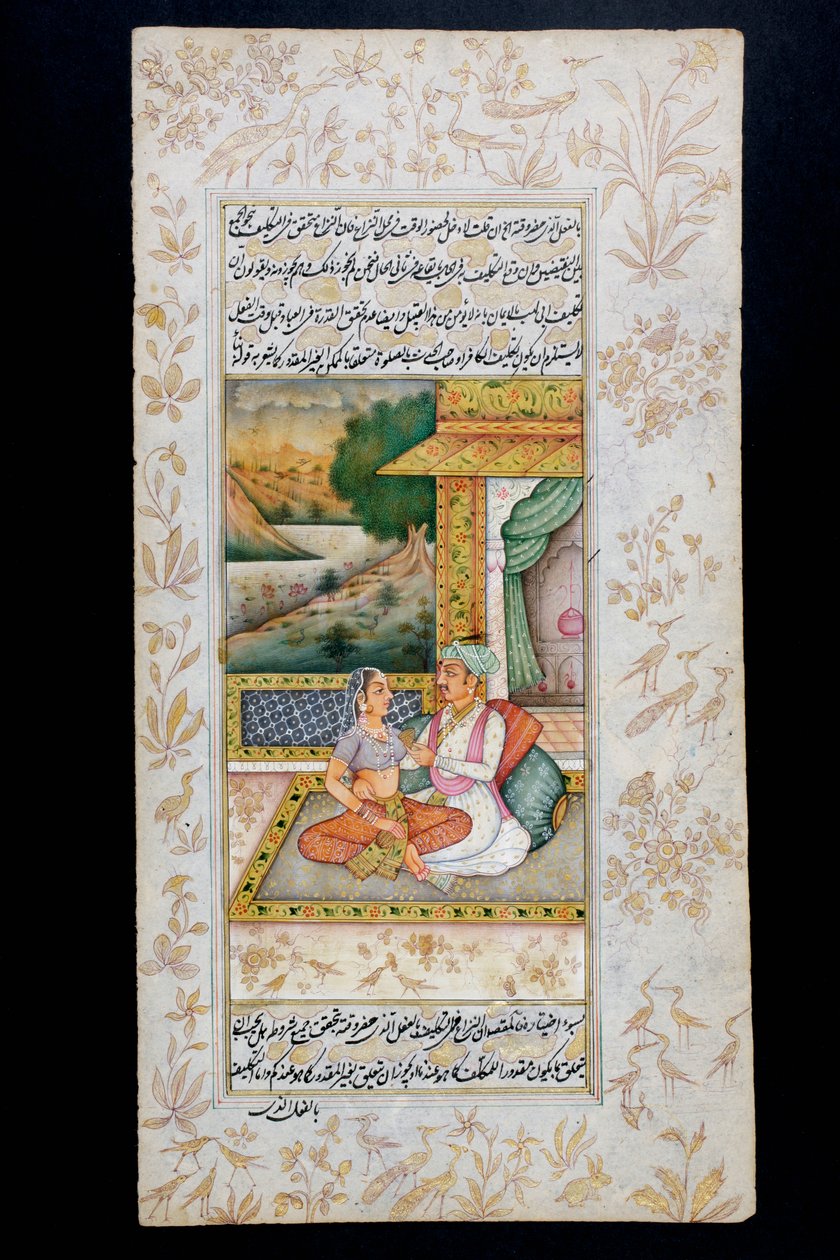 एक आदमी एक महिला को एक बौडी सीन, राजस्थानी लघु चित्रकला में चित्रित करता है द्वारा इंडियन स्कूल