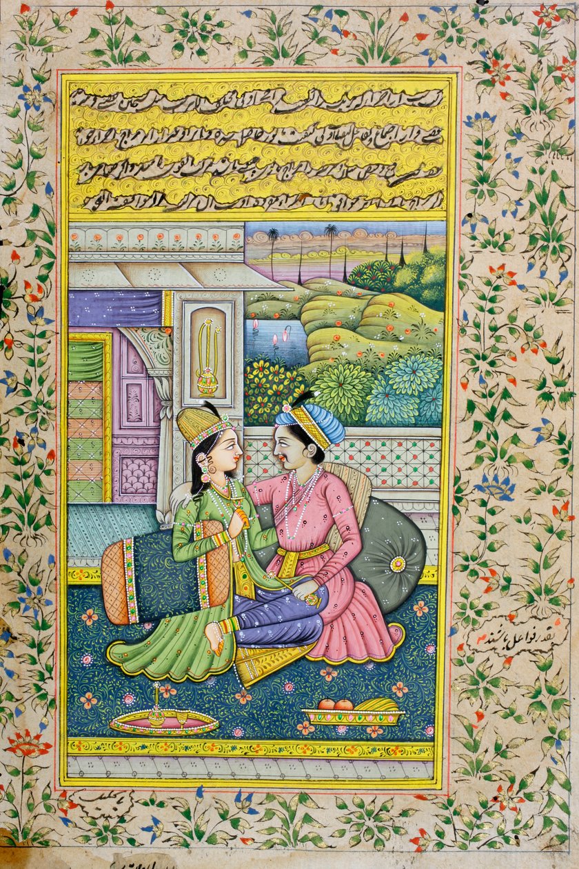 एक आदमी शानदार सेटिंग, राजस्थानी लघु चित्रकला में एक महिला को अदालत करता है द्वारा इंडियन स्कूल