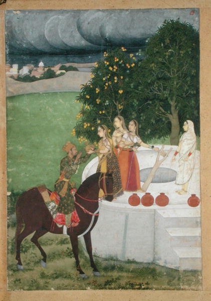एक घुड़सवार राजकुमार एक कुएं में महिलाओं से पानी प्राप्त करता है, मुर्शिदाबाद से लघु, c.1760 (कागज पर गौचे) द्वारा इंडियन स्कूल