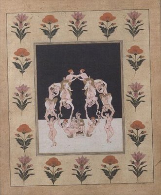 अन्य जुड़े हुए प्रेमियों से बने झूले पर बैठे प्रेमियों की एक जोड़ी, c.1830 (कागज पर गौचे) द्वारा इंडियन स्कूल