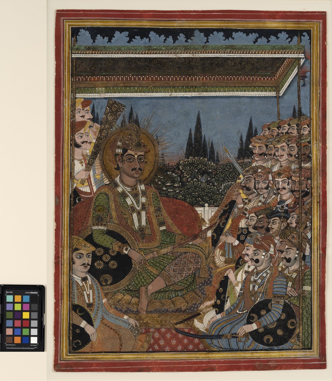 एक चंदवा के तहत दरबार में राजकुमार, c.1880 (कागज पर अपारदर्शी जल रंग और सोना) द्वारा इंडियन स्कूल