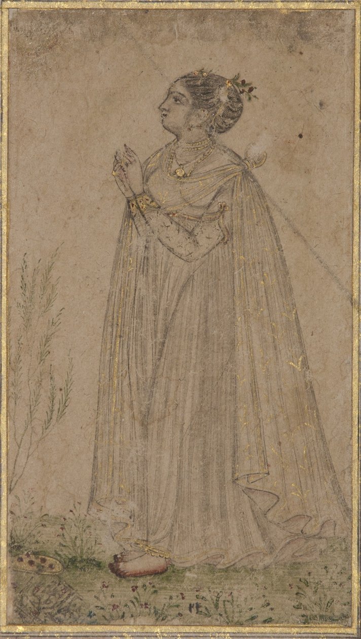एक राजकुमारी सूर्य की पूजा करती है, c.1600 (कागज पर अपारदर्शी wc और सोना) द्वारा इंडियन स्कूल