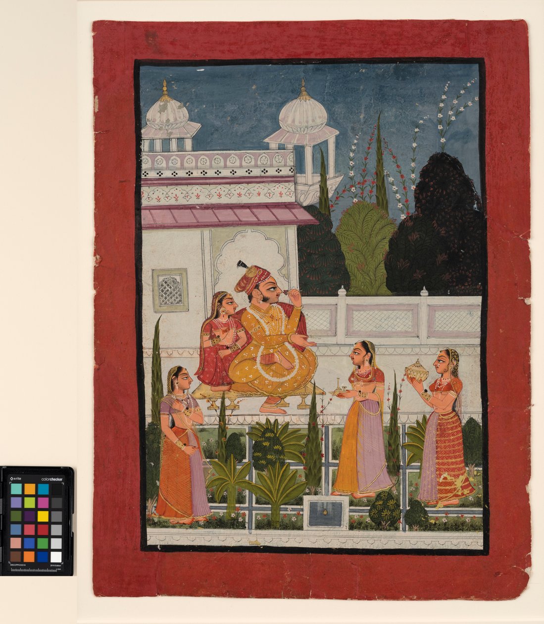 उसकी रानी के साथ एक छत पर एक राजा, जिसमें तीन महिलाएँ शामिल थीं, 18 वीं सदी के अंत में (कागज पर अपारदर्शी पानी के रंग का) द्वारा इंडियन स्कूल