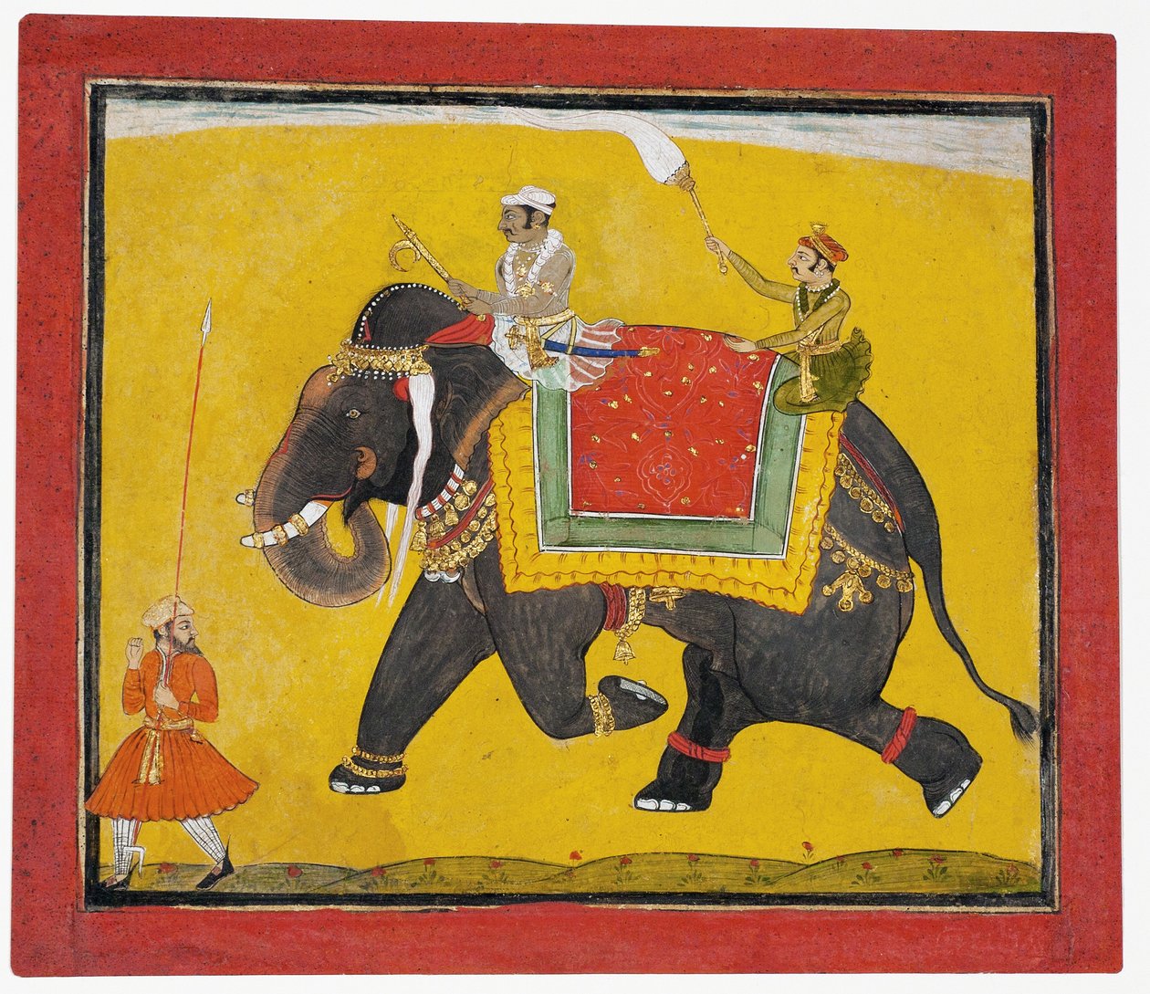 हाथी की सवारी करने वाला एक राजा, c.1690 (कागज पर अपारदर्शी wc) द्वारा इंडियन स्कूल