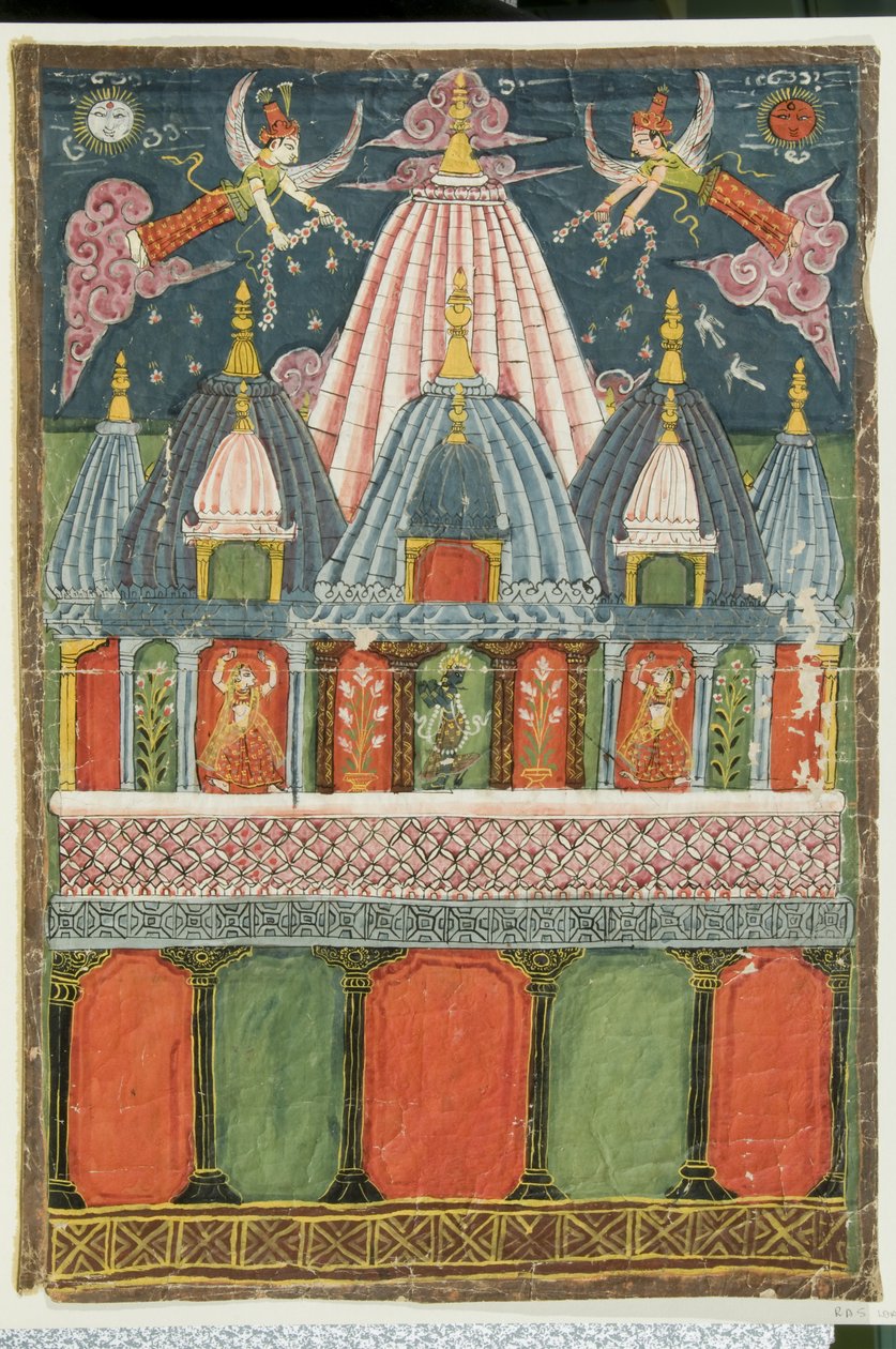 एक मंदिर जिसमें वेणु-गोपाल-कृष्ण की छवि है, जिसमें दो नृत्य करने वाली लड़कियां हैं, जो 1823 में देवता के लिए प्रदर्शन कर रही थीं द्वारा इंडियन स्कूल