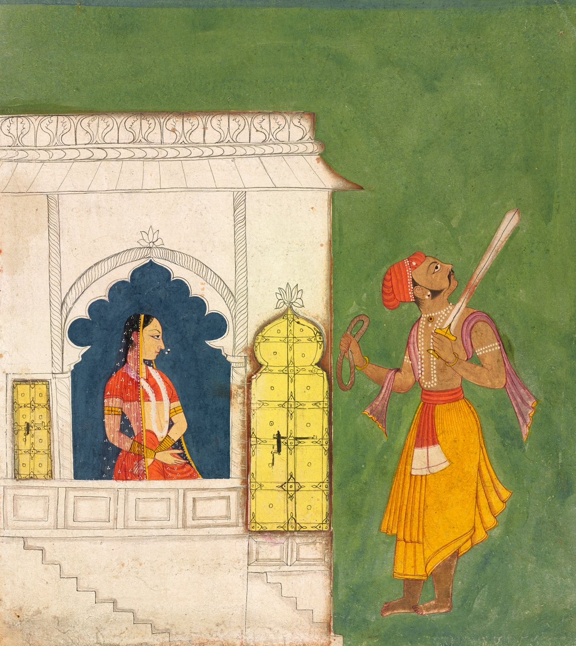 एक महिला एक योद्धा की ओर देखती है, c.1680 द्वारा इंडियन स्कूल
