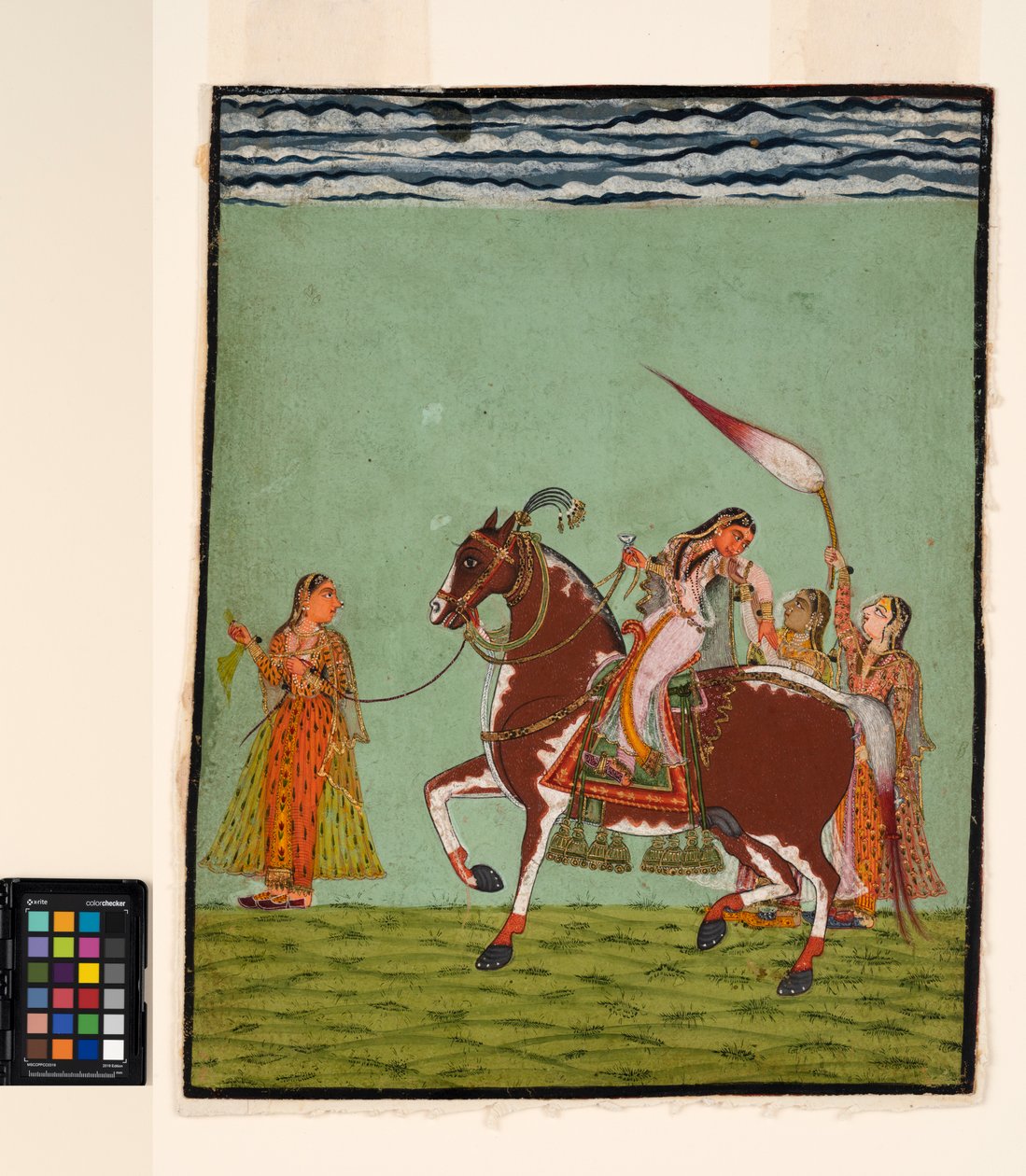 तीन परिचारिकाओं के साथ घोड़े पर एक महिला, c.1735 (कागज पर अपारदर्शी जल रंग) द्वारा इंडियन स्कूल