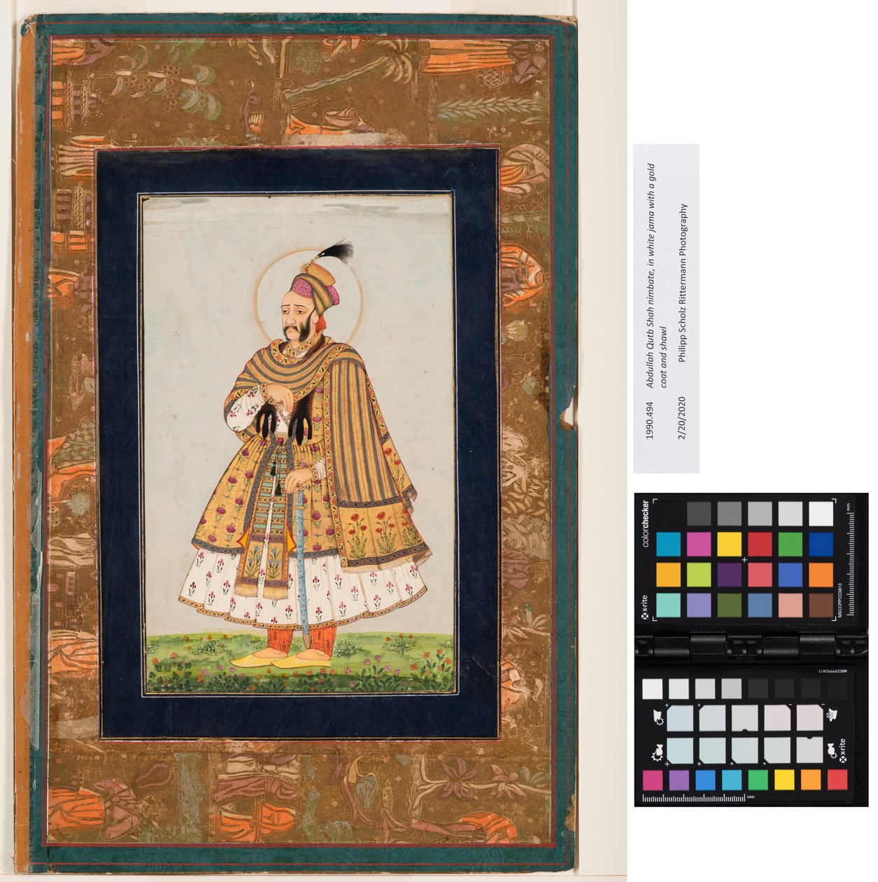 अब्दुल्ला कुतुब शाह निंबेट, एक सफेद कोट और शॉल के साथ सफेद जम्मा में, c.1680 (कागज पर अपारदर्शी जल रंग और सोना) द्वारा इंडियन स्कूल
