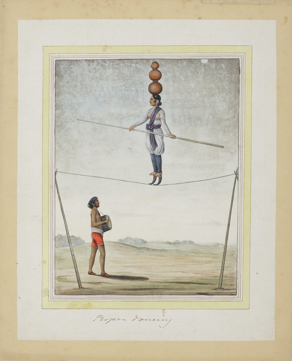 एक कसौटी पर एक्रोबेट, नीचे ड्रमर, c.1820 (कागज पर अपारदर्शी wc) द्वारा इंडियन स्कूल