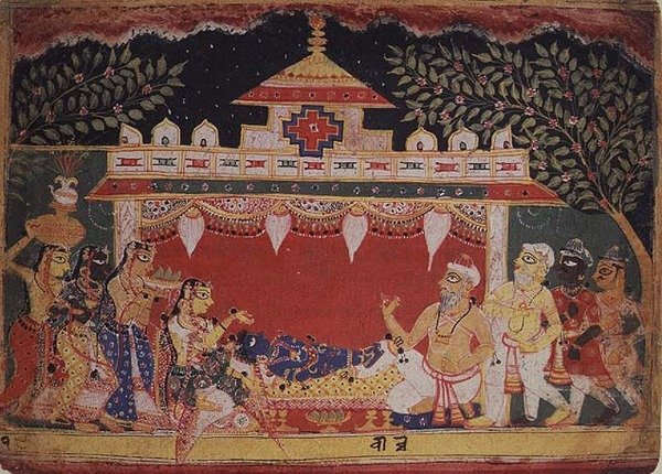बिखरे हुए 'भगविता पुराण', मेवाड़, राजस्थान से शिशु कृष्ण की आराधना द्वारा इंडियन स्कूल