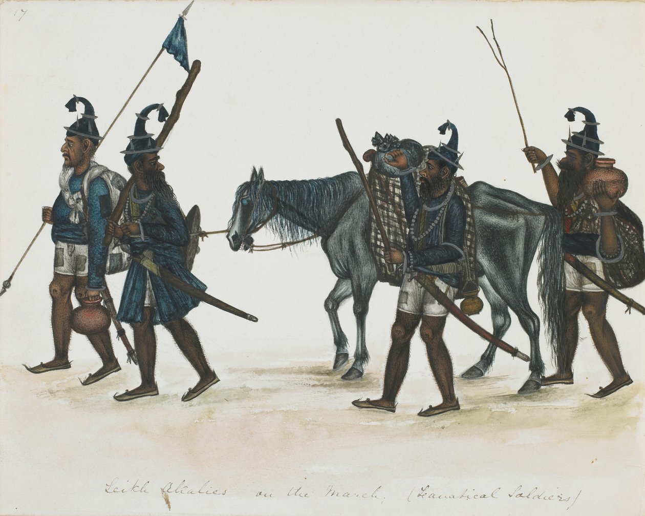 मार्च में अकाली सिख, c.1850 (कागज पर अपारदर्शी जल रंग) द्वारा इंडियन स्कूल