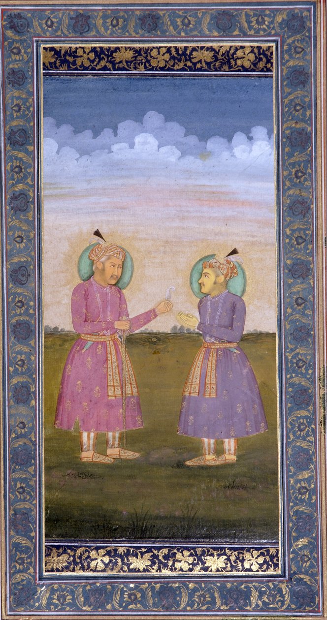 अकबर ने अपने बेटे जहाँगीर को एक गहनों का पंख दिया, c.1845 (कागज पर अपारदर्शी wc और सोना) द्वारा इंडियन स्कूल