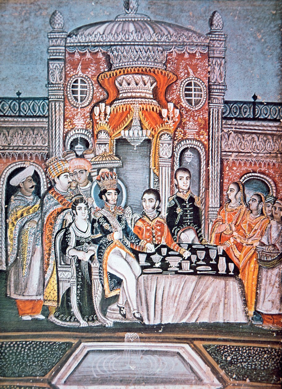 एक भारतीय राजकुमार ब्रिटिश अधिकारियों का मनोरंजन करता है, c.1810 (कागज पर गौचे) द्वारा इंडियन स्कूल