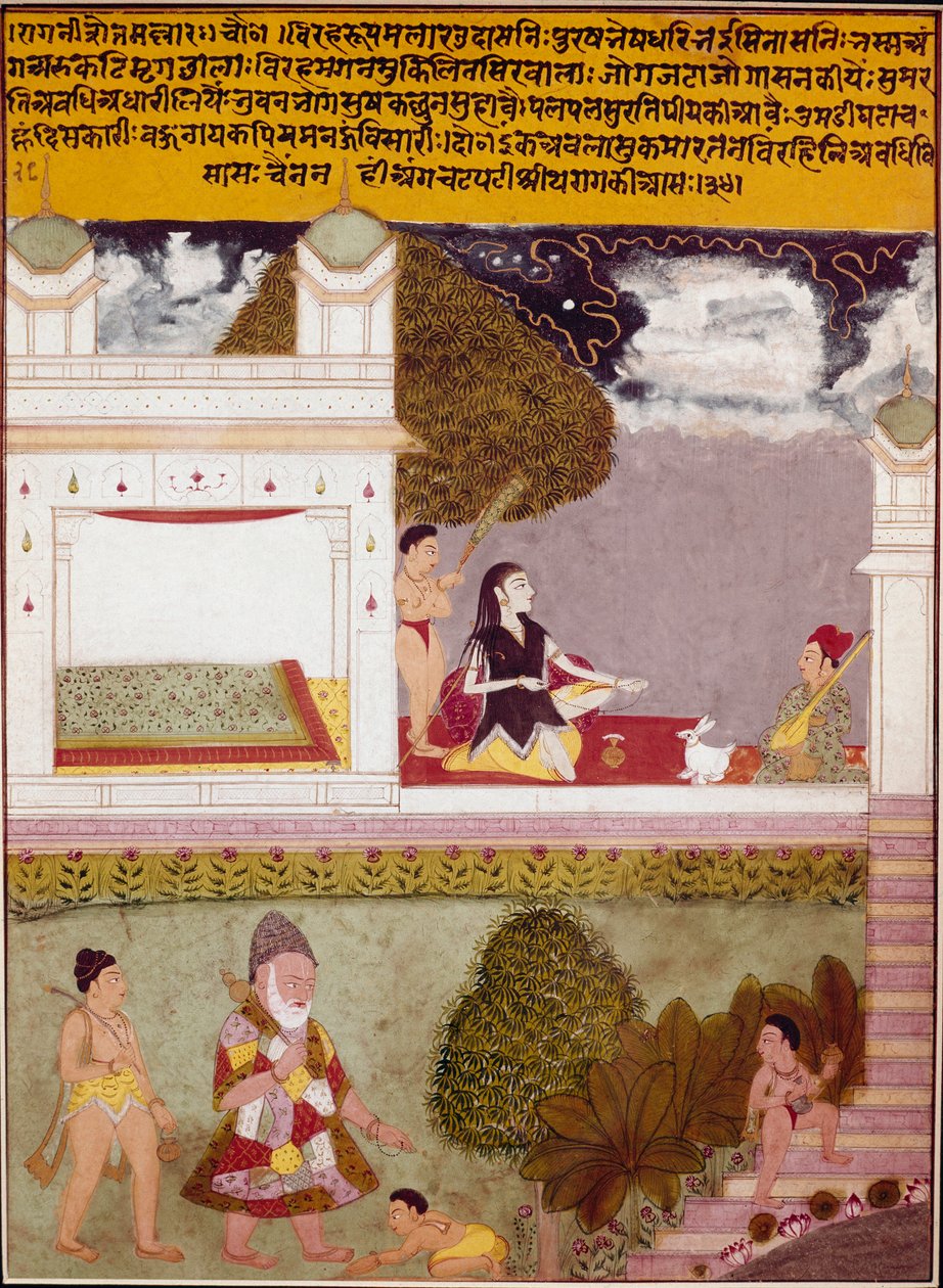 एक तपस्वी भारतीय स्कूल के एक लघु महल की छत पर लगभग १७६० में संगीत सुनता है। निजी संग्रह द्वारा इंडियन स्कूल