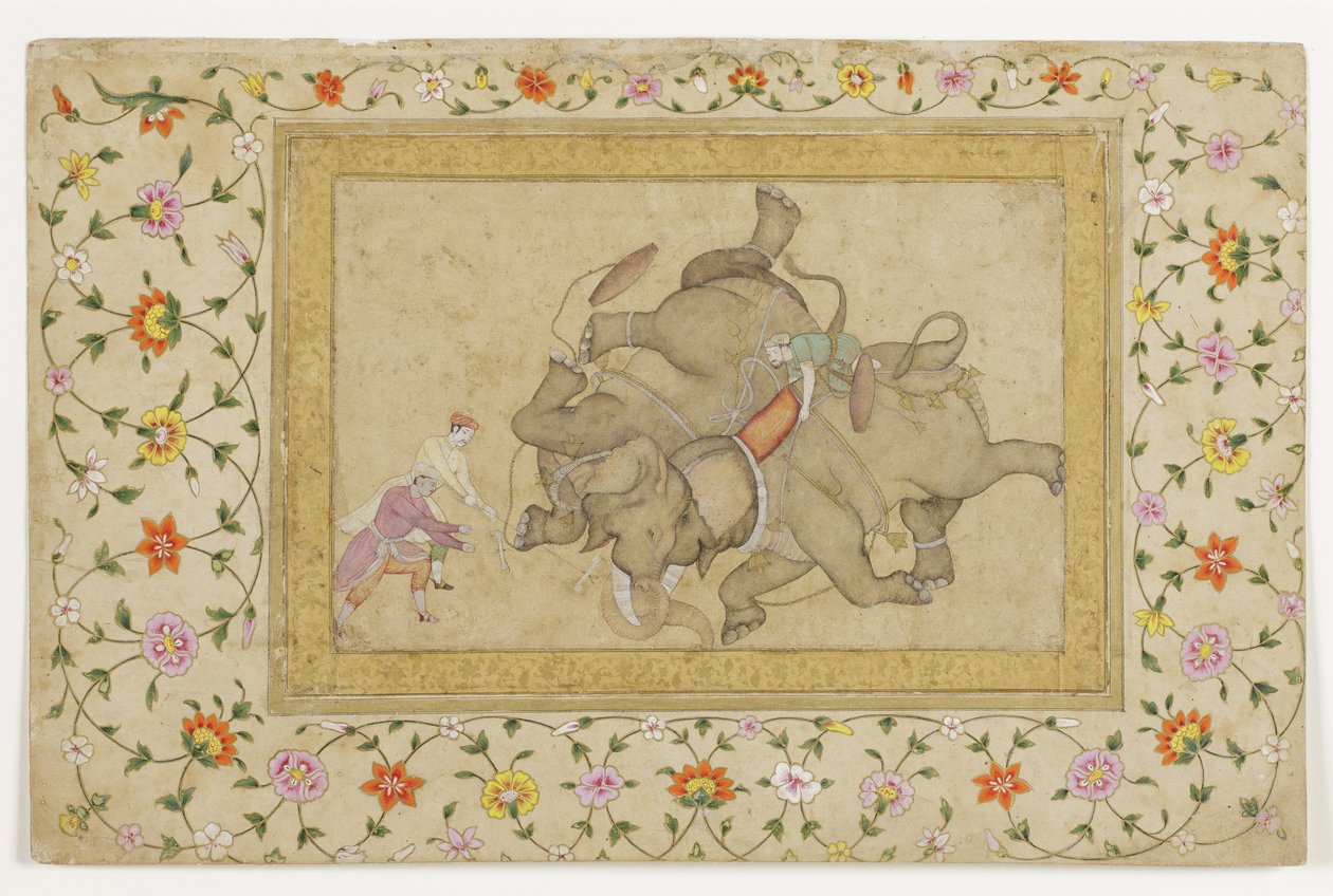 सीमा पुष्प अरबी के साथ एक हाथी का मुकाबला, c.1610 (कागज पर अपारदर्शी wc और सोना) द्वारा इंडियन स्कूल