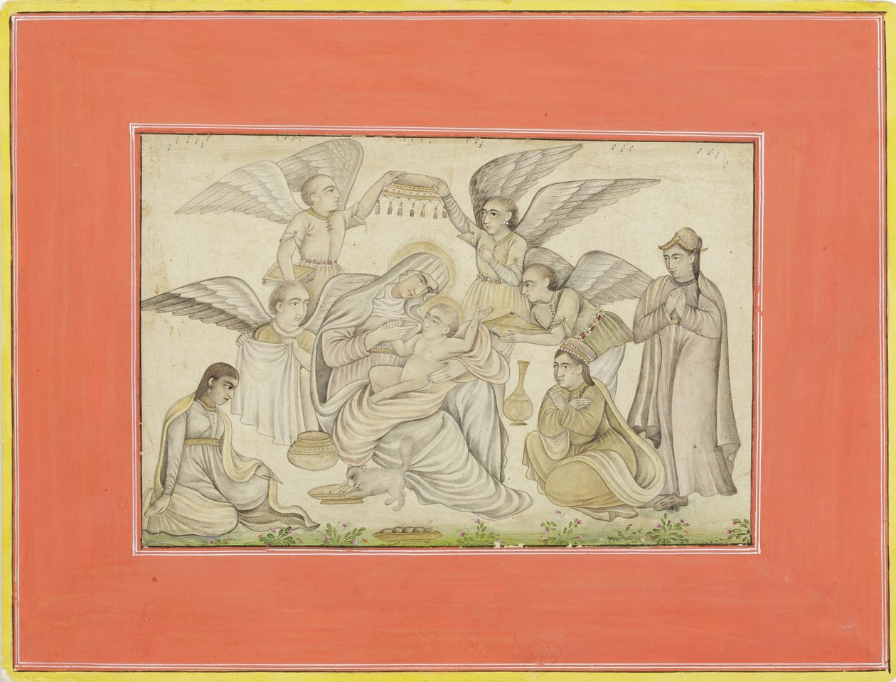एन्जिल्स मैरी एंड जीसस में भाग लें, c.1665 (कागज पर अपारदर्शी wc और सोना) द्वारा इंडियन स्कूल
