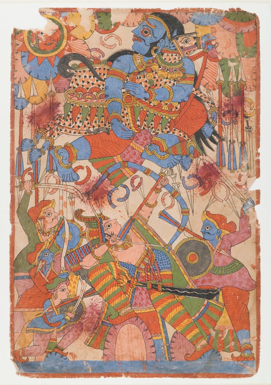 युद्ध में अर्जुन वीर पराक्रम, महाभारत श्रृंखला से, c.1830-50 (कागज पर स्याही और रंग) द्वारा इंडियन स्कूल