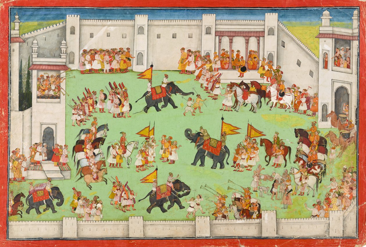 महल में दूल्हे का आगमन, रामायण से फोलियो, c.1640-1650 द्वारा इंडियन स्कूल