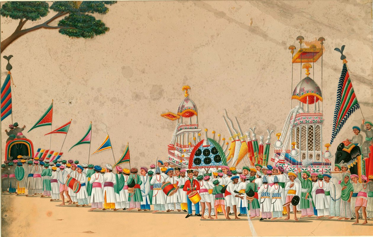 भारतीय कला: गौचे जुलूस लगभग 1800 मंद 15x23.7 सेमी निजी संग्रह द्वारा इंडियन स्कूल