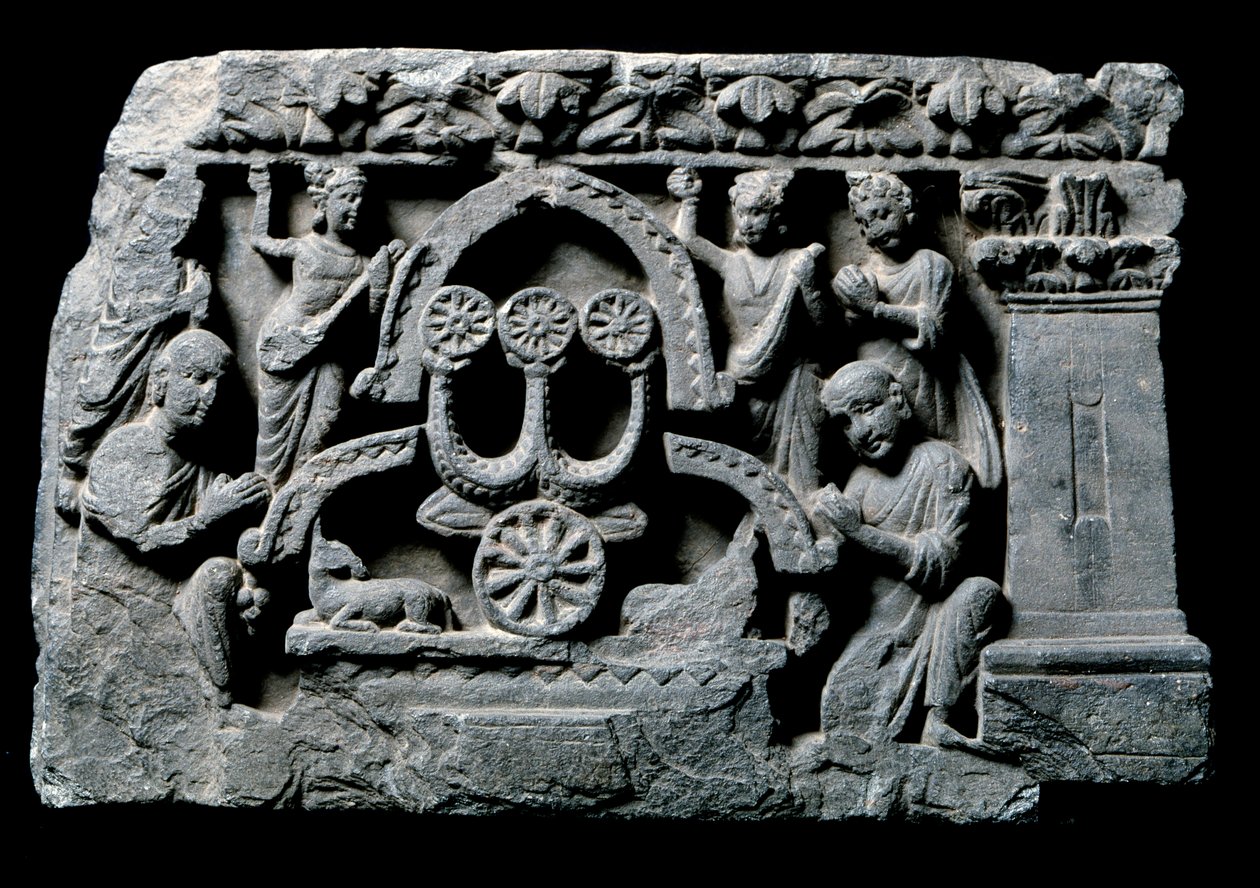 गांधार की कला (या ग्रीको-बौद्ध धर्म): ""प्रार्थना में बुद्ध"" चमत्कार श्रावस्ती (श्रावस्ती या सवती) (प्रार्थना बुद्ध, श्रावस्ती का चमत्कार) गांधार स्कूल की राहत - दूसरी से चौथी शताब्दी - भारतीय संग्रहालय, कलकत्ता भारत द्वारा इंडियन स्कूल