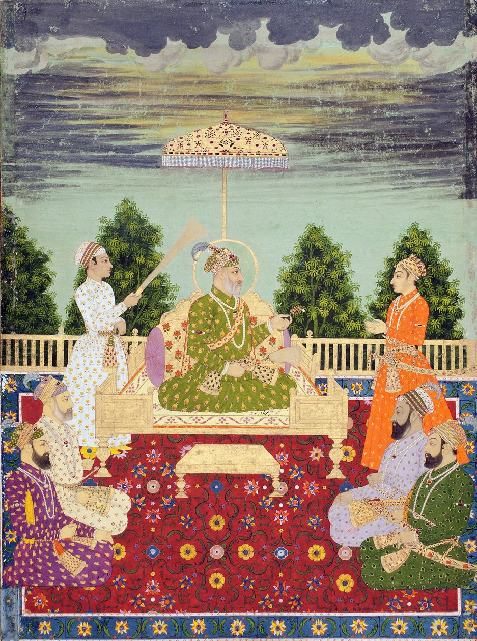 बहादुर शाह अपने चार बेटों और एक पोते के साथ, c.1710 (कागज पर पानी और सोना) द्वारा इंडियन स्कूल