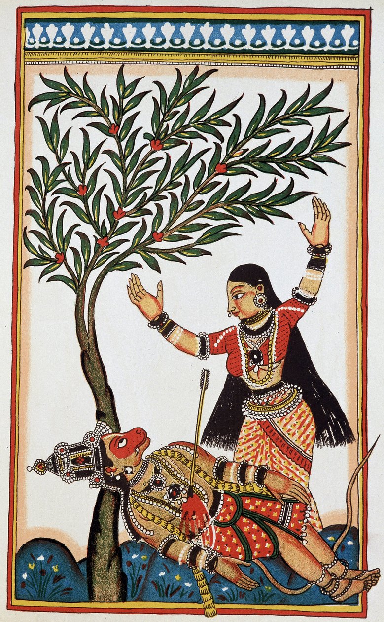 बाली एक तीर से मारा गया, उसके बगल में तारा उसकी पत्नी, अठारहवें लिथो। द्वारा इंडियन स्कूल