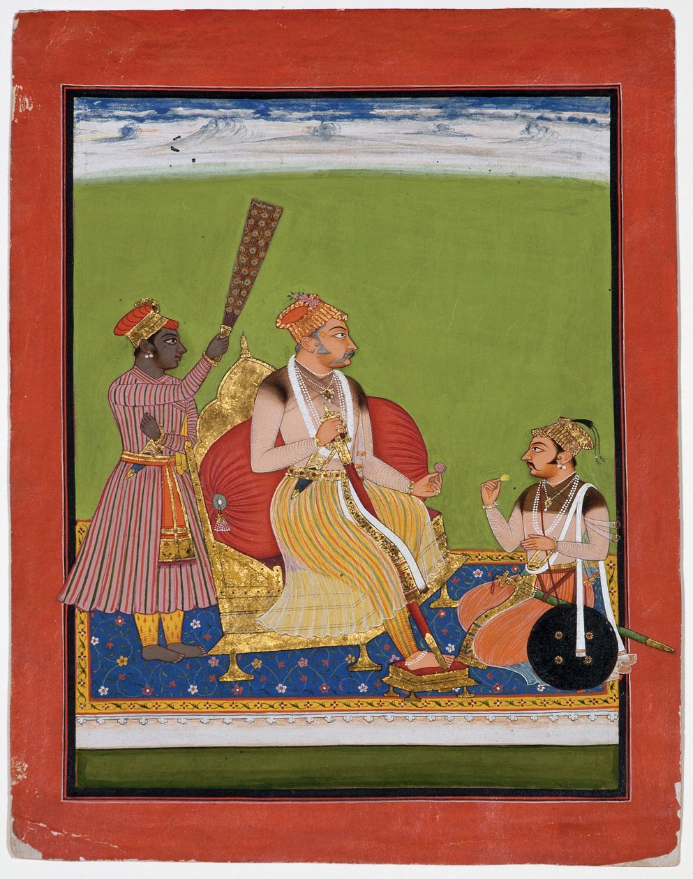 भाओ सिंह ने अपने पैरों पर एक महान व्यक्ति के साथ राज किया, c.1680 (कागज पर अपारदर्शी wc और सोना) द्वारा इंडियन स्कूल