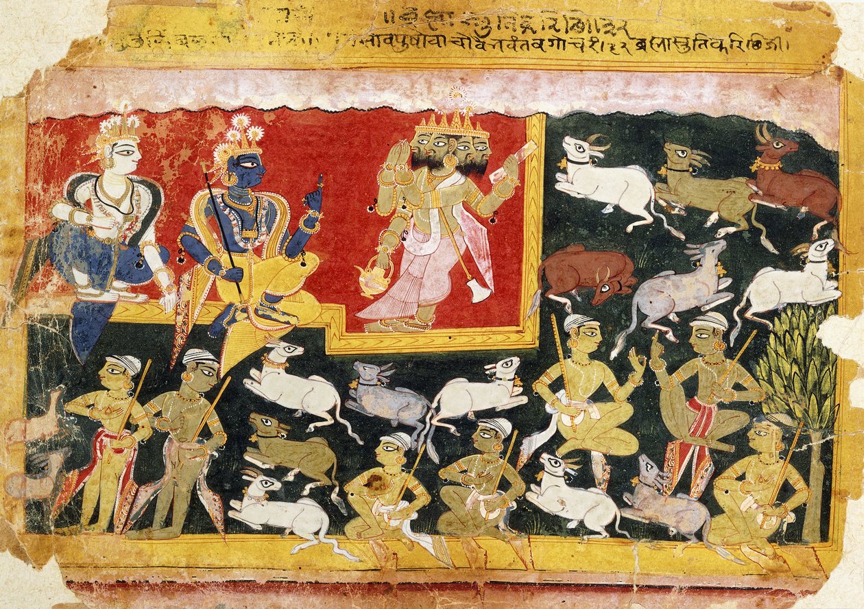ब्रह्मा ने विष्णु के अवतार के रूप में कृष्ण को श्रद्धांजलि अर्पित की, c.1540-1575 द्वारा इंडियन स्कूल