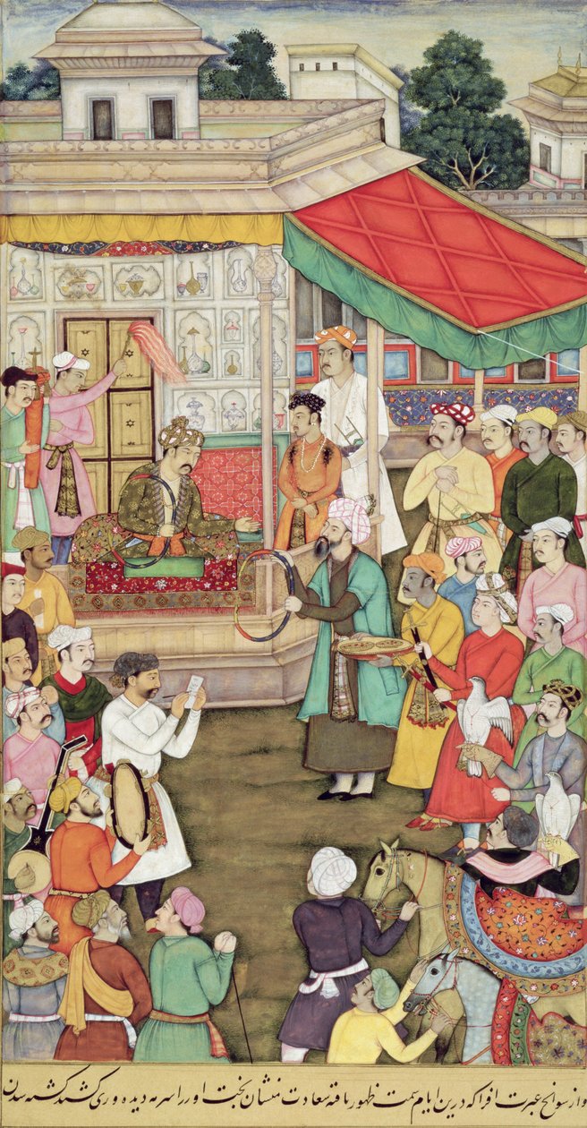 CBL 03.54 अकबर (r.1556-1605) में अकबरनामा, c.1605 से बदख्शां के राजदूतों से उपहार प्राप्त करता है द्वारा इंडियन स्कूल