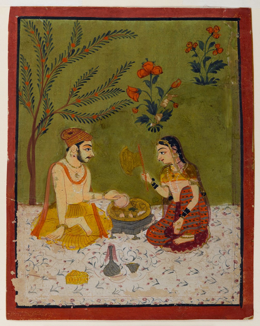 एक पेड़ के नीचे बैठा युगल, c.1700 (wc और सोना कागज पर) द्वारा इंडियन स्कूल