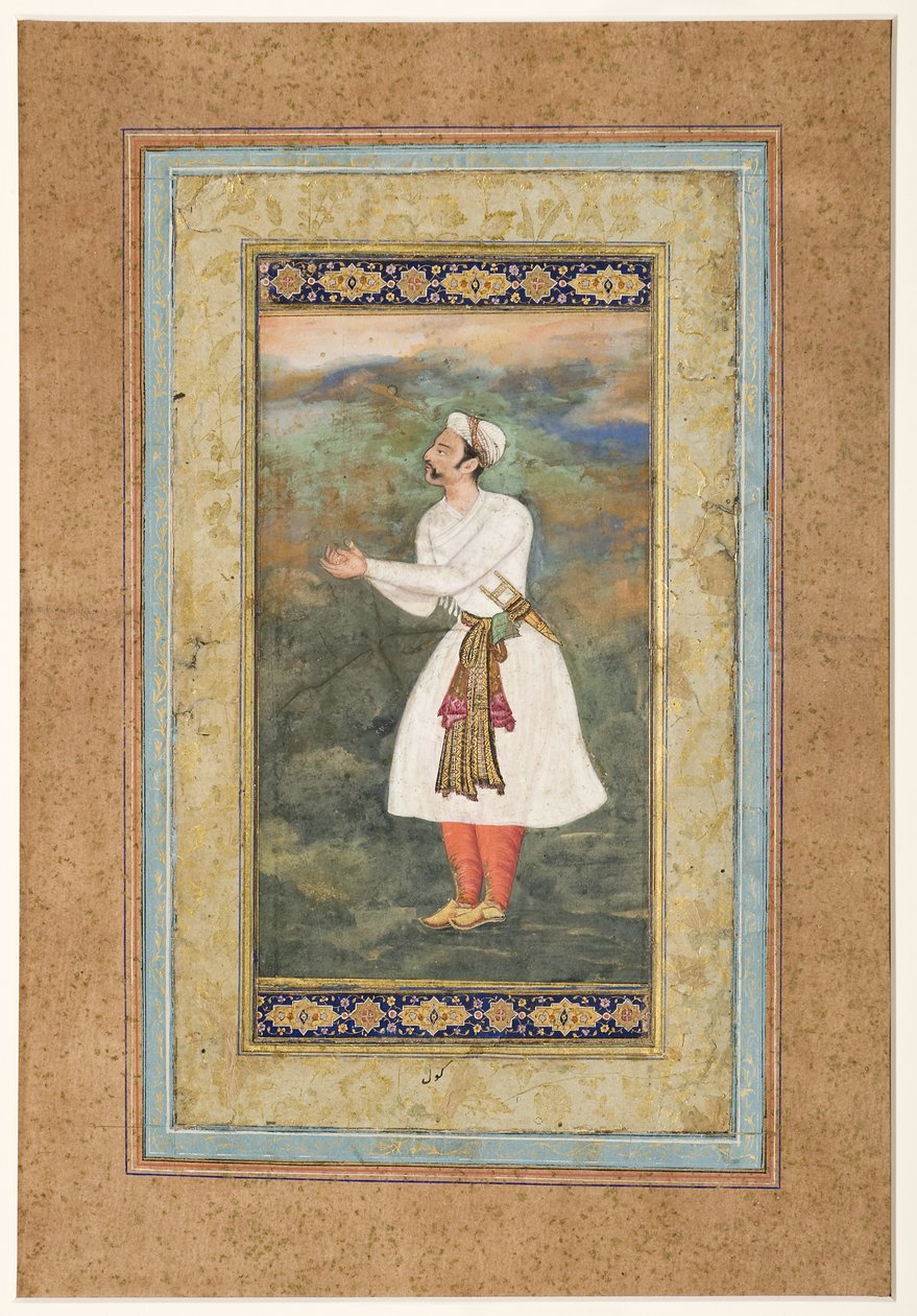 महान सम्मान के दृष्टिकोण में कोर्टियर स्टैंडिंग, c.1575 (कागज पर अपारदर्शी wc और सोना) द्वारा इंडियन स्कूल