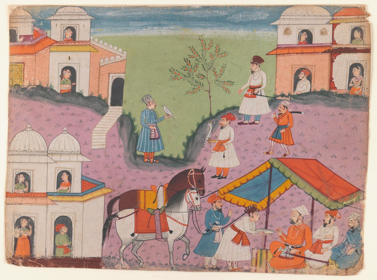 कोर्टियर्स फरार, अज्ञात कथा श्रृंखला से पृष्ठ, c.1670 (कागज पर अपारदर्शी wc) द्वारा इंडियन स्कूल