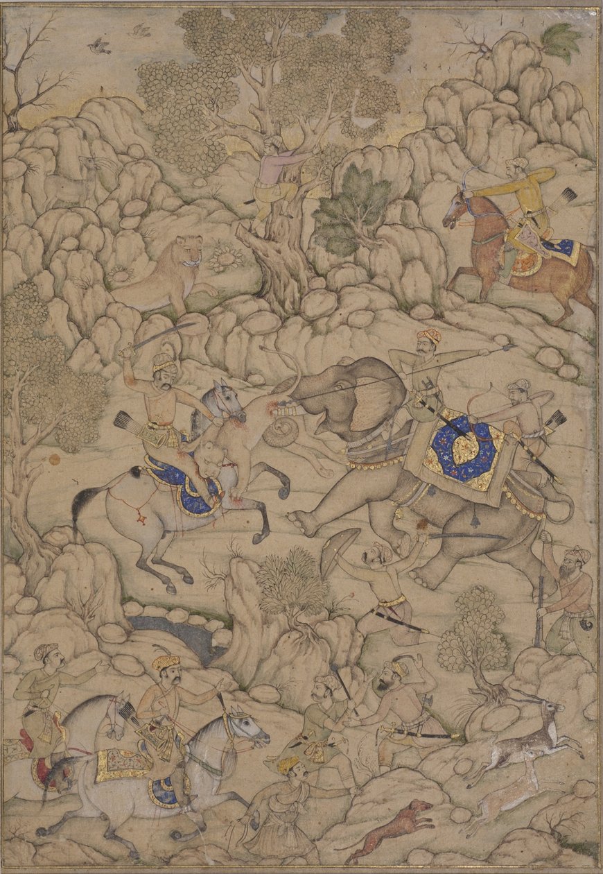 शेर हंट में खतरा, c.1600 (कागज पर अपारदर्शी wc) द्वारा इंडियन स्कूल