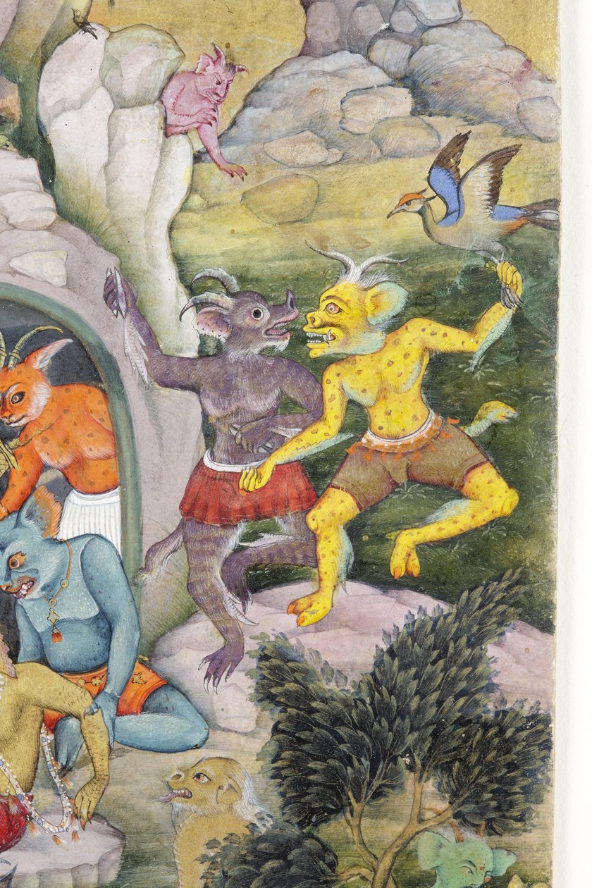 वाइल्ड लैंडस्केप में दानव, c.1600 (कागज पर अपारदर्शी wc और सोना द्वारा इंडियन स्कूल