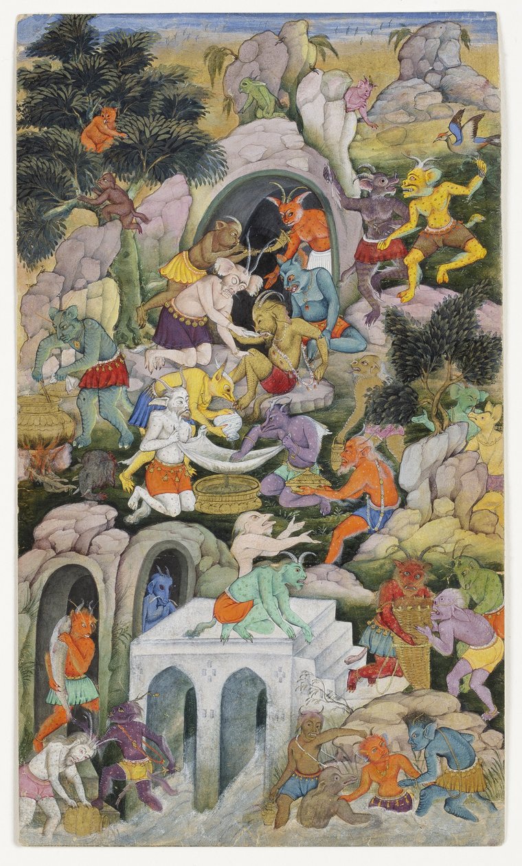 वाइल्ड लैंडस्केप में दानव, c.1600 (कागज पर अपारदर्शी wc और सोना द्वारा इंडियन स्कूल