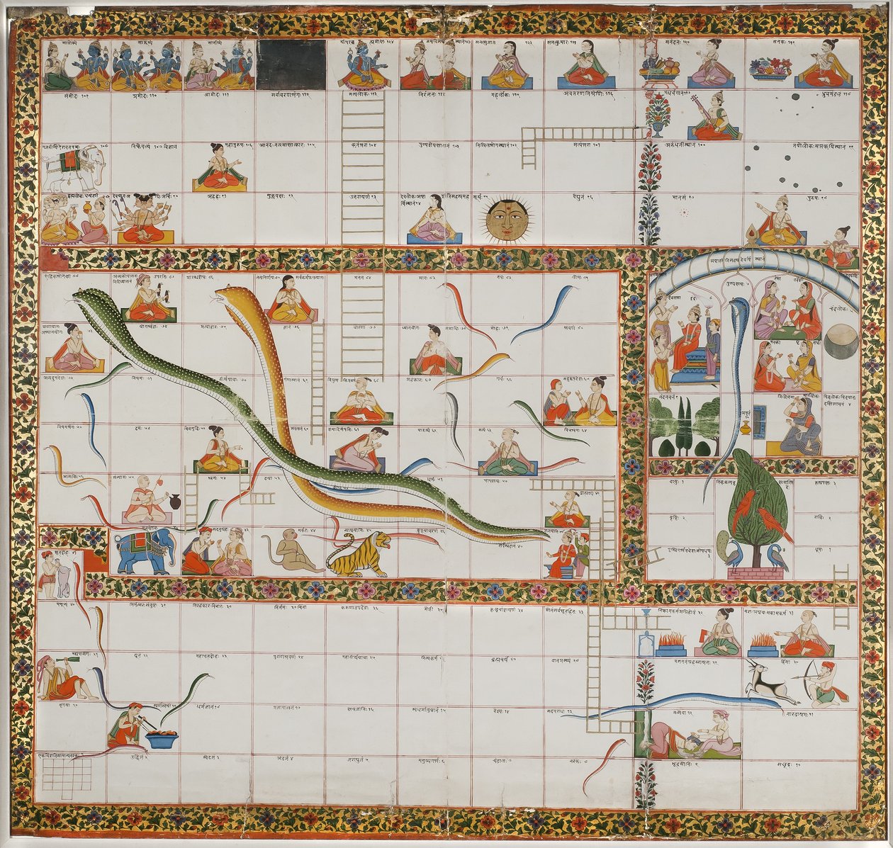 सांप और सीढ़ी के खेल के लिए डिजाइन, 1800 (कागज पर गौचे कपड़े पर चढ़कर) द्वारा इंडियन स्कूल
