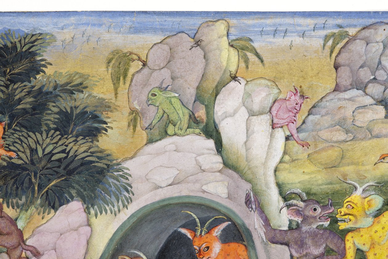 वाइल्ड लैंडस्केप में राक्षसों से विस्तार, c.1600 (कागज पर अपारदर्शी wc और सोना) द्वारा इंडियन स्कूल