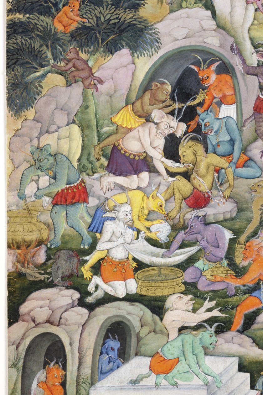 वाइल्ड लैंडस्केप में राक्षसों से विस्तार, c.1600 (कागज पर अपारदर्शी wc और सोना) द्वारा इंडियन स्कूल