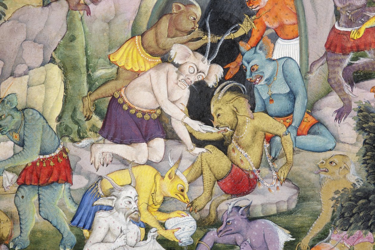 वाइल्ड लैंडस्केप में राक्षसों से विस्तार, c.1600 (कागज पर अपारदर्शी wc और सोना) द्वारा इंडियन स्कूल